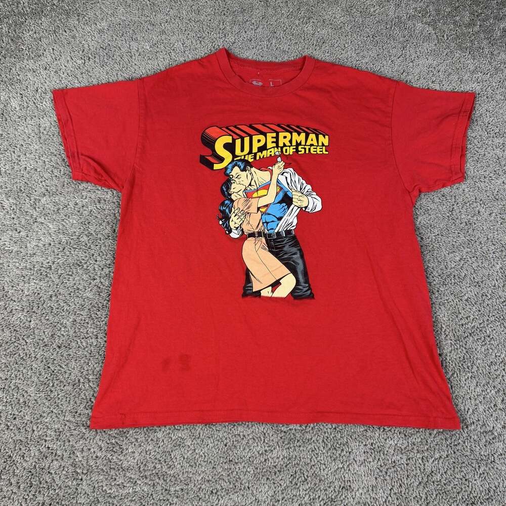 Superman Shirt Mens L Red The Man Of Steel Graphic Crew Neck Tagless Comics
